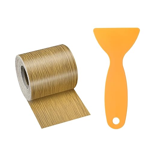 HARFINGTON Wood Grain Repair Tape 2 Inch x 33ft Self Adhesive Repair Patch Tape Simulated Wooden Floor Tapes with Plastic Scraper for Tables Doors Windows Furniture, Yellow Teak