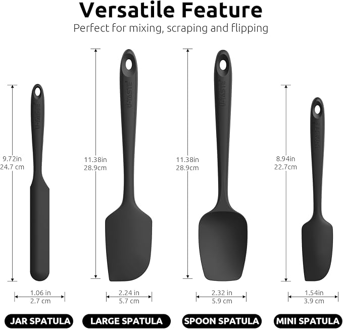 U-Taste 600ºF Heat Resistant Food Grade Silicone Spatula Set of 4, and 600ºF Heat Resistant Silicone Turners, 13.6in Long Solid & Slotted Kitchen Spatula (Black)