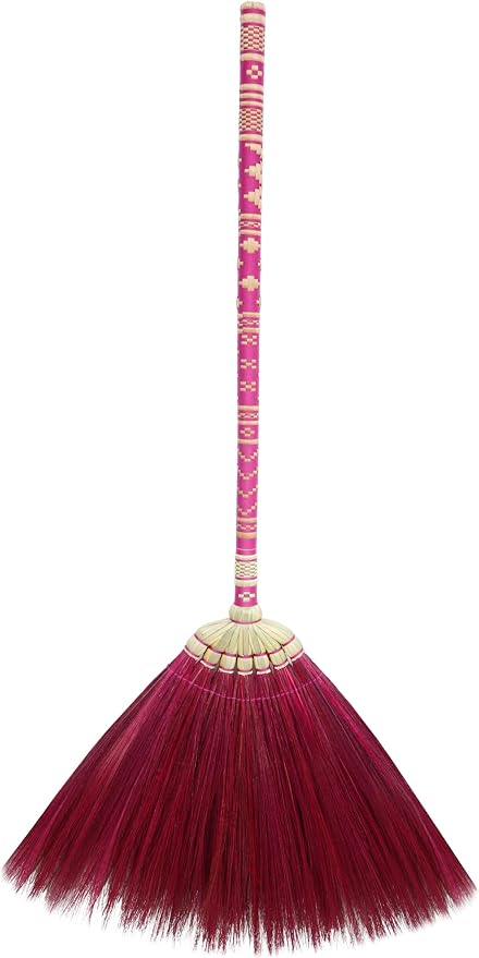 Asian Broom,Natural Grass Thai Broom Vintage Retro Embroidered Woven Nylon, Handmade Broom, Housewarming Gift, Witch Broom,Bamboo Stick Handle, Durable Broom for Indoor & Outdoor 40"