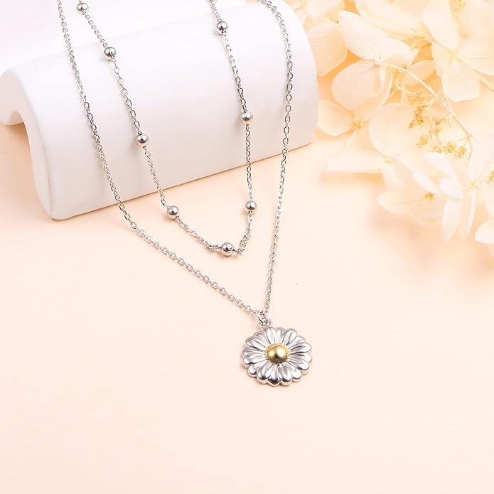 FLYOW Layered Choker Necklace S925 Sterling Silver Star Full Moon Daisy Flower Pendant Disc Jewelry Adjustable Clavicle Necklaces for Women Girls Birthday Gifts