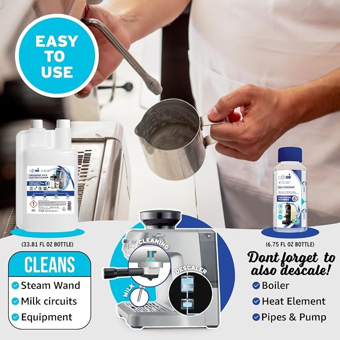 Caffenu Universal Milk System Cleaner – Professional Alkaline Liquid for Coffee Machines – Sanitizes & Removes Milk Blockage from Steam Wands & Automatic One-Touch Circuits – 1L (33.81 fl oz)
