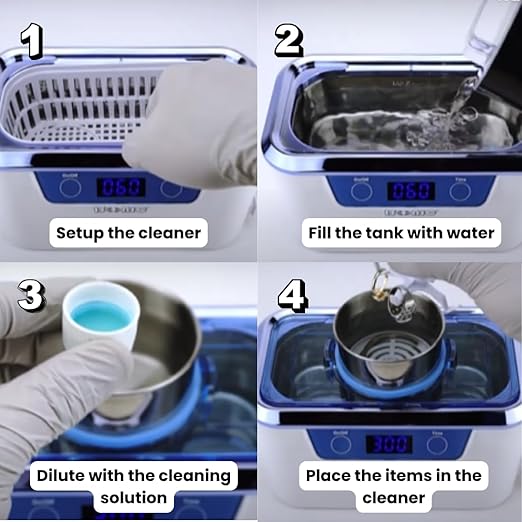 iSonic® DS310-WS+CSGJ01 Miniaturized Commercial Ultrasonic Cleaner with Integrated Stainless Steel Beaker Holder Set, White and Sapphire Blue, with a Bottle of Cleaning Solution