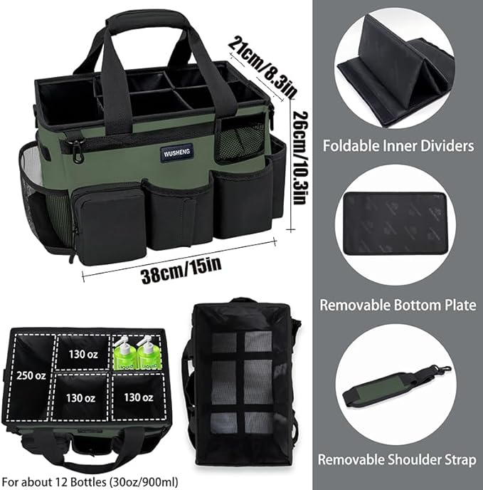 Wearable Cleaning Caddy Bag,Cleaning Supply Tote for Cleaning Supplies, Cleaning Organizer with Adjustable Shoulder and Waist Straps for Cleaners & Housekeepers (Green and Black, Large)