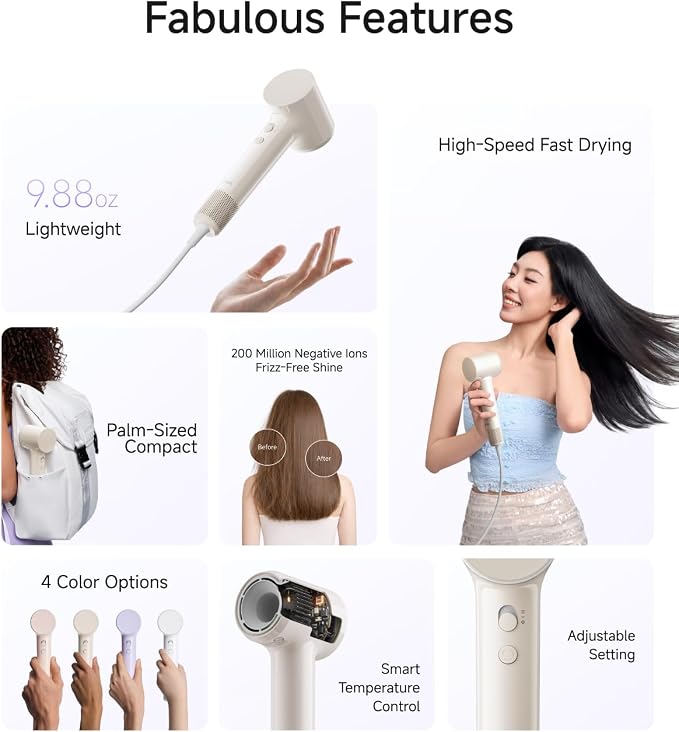 Laifen Air Hair Dryer, Lightweight and Palm-Sized Compact, 15× High-Speed Drying with 110, 000 RPM Powerful Motor, Smart Temperature Control, Mini Travel & Ionic Hair Dryers for Women, Milktea