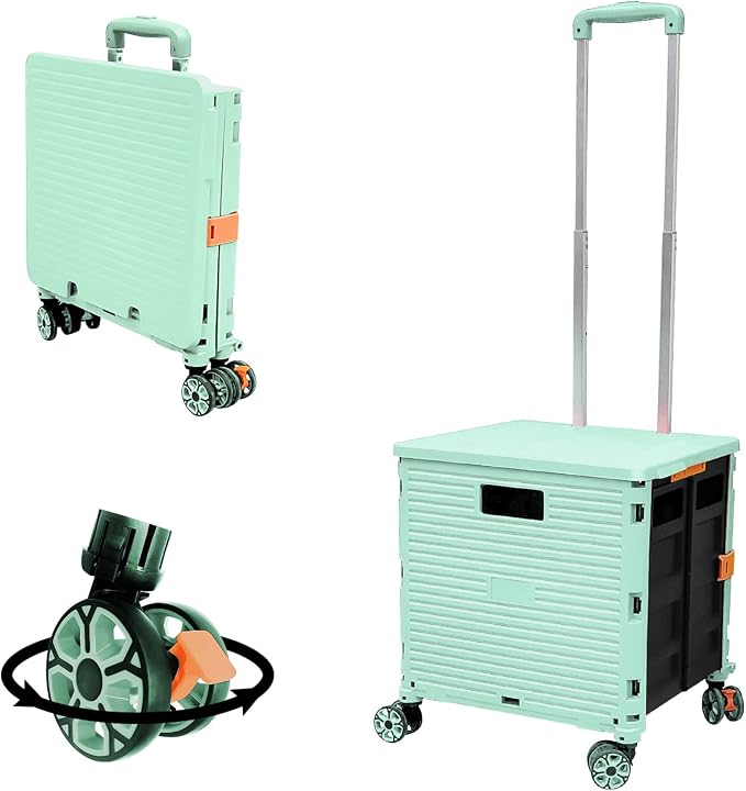 FELICON SELORSS Foldable Utility Cart Folding Portable Rolling Crate Handcart with Durable Heavy Duty Plastic Telescoping Handle Collapsible 4 Rotate Wheels for Travel Shop Move Luggage Office(Green