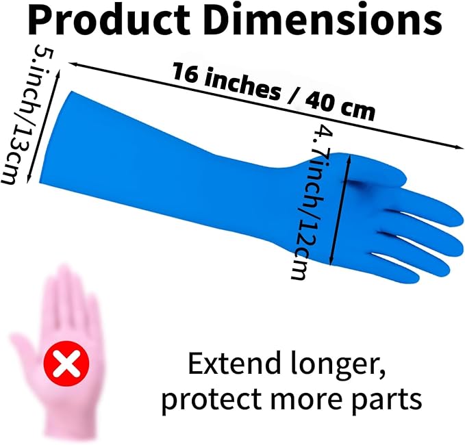 16 inch Nitrile Disposable Gloves Long Sleeved Blue 6Mil Durable Waterproof Latex Free Cleaning Dishwashing 50PCS