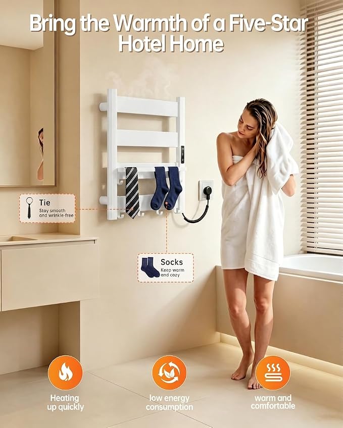 4-Bar Heated Towel Rack for Bathroom with Shelf and Hooks, Wall Mounted Plug-in Electric Towel Warmer, Fast PTC Heating in 6 Minutes, 3 Temperature Levels & 6 Timer Settings, Matte White