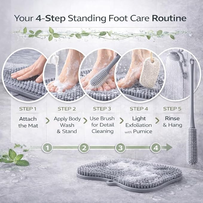 4-in-1 Shower Foot Care Set — Silicone Foot Scrubber Mat with Non-Slip Suction Cups, Natural Pumice Stone, Long Handled Toe Cleaner Brush & Adhesive Hooks — Daily Foot Wash & Bathroom Spa Kit