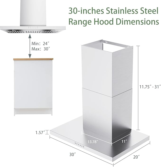 ONEEON 30" Range Hood - 900 CFM Stainless Steel Wall Mount Kitchen Exhaust with 4 Speed Fan, LED Lights, Push Button, Ultra-thin Body, Chimney Style Stove Vent Hood & Ducted Exhaust Vent
