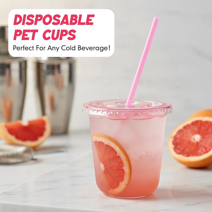 Ziliny 50 Sets Clear Round Bottom Plastic Cups with Lids and Straws, Cute Disposable Drinking Coffee Cups, for Christmas Valentine's Galentine's Day Party Wedding Birthday Supplies (12oz,Pink)