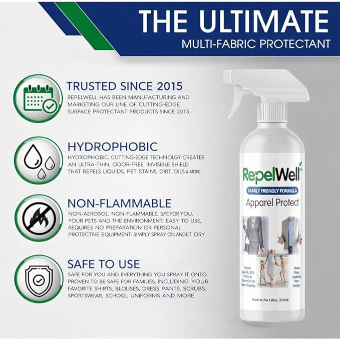 RepelWell Apparel Protect (12oz) Stain & Water Repellent Spray – Non-Toxic, Eco-Friendly, Pet-Safe Sprays for Clothing & More