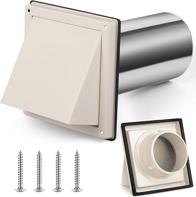 Gisafai 6" Dryer Vent Cover Outside with Stainless Steel Mesh Wall Dryer Exhaust Cap and Removable Extended Pipe Vent Shroud Hood Cushioned Non Return Flap with Sealing Gasket Grille(Tan)