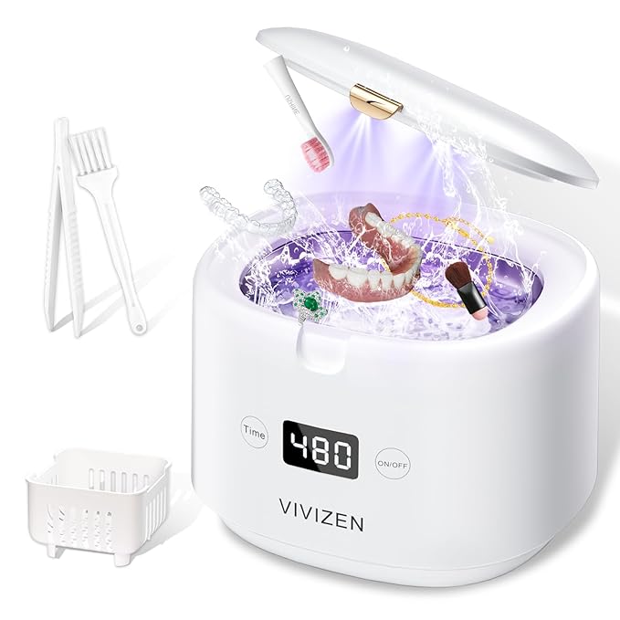 Ultrasonic Retainer Cleaner, Sonic Dental Cleaning Pod, Portable 30W/45kHz Machine for Dentures, Aligners, Braces, Mouth Guards, Jewelry, for All Dental Appliances (White)