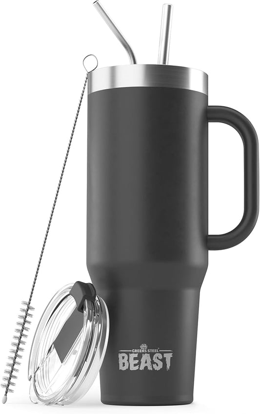 50oz Tumbler with Handle and Straw - Large Insulated Travel Mug for Water, Hot and Iced Coffee - Leak Resistant Stainless Steel Insulated Tumbler with Lid - Gifts for Mom, Women and Men (Matte Black)