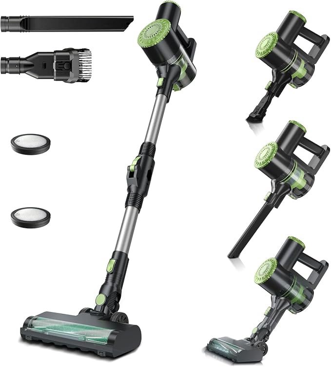 PRETTYCARELIFE 6-in-1 Cordless Vacuum Cleaner,Stick Vacuum with 180° Bendable Wand,High Power/Powerful Suction/Long Runtime,Self-Standing Wireless Vacuum for Hardwood Floor (Green)