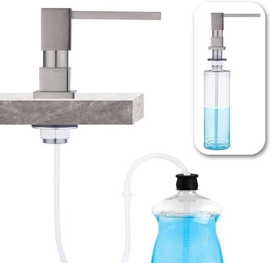 Built in Sink Soap Dispenser Dispenser Square with 47'' Long Tube, Brushed Brushed Nickel Brass Pump Head for Kitchen Sink with 17 oz Bottle