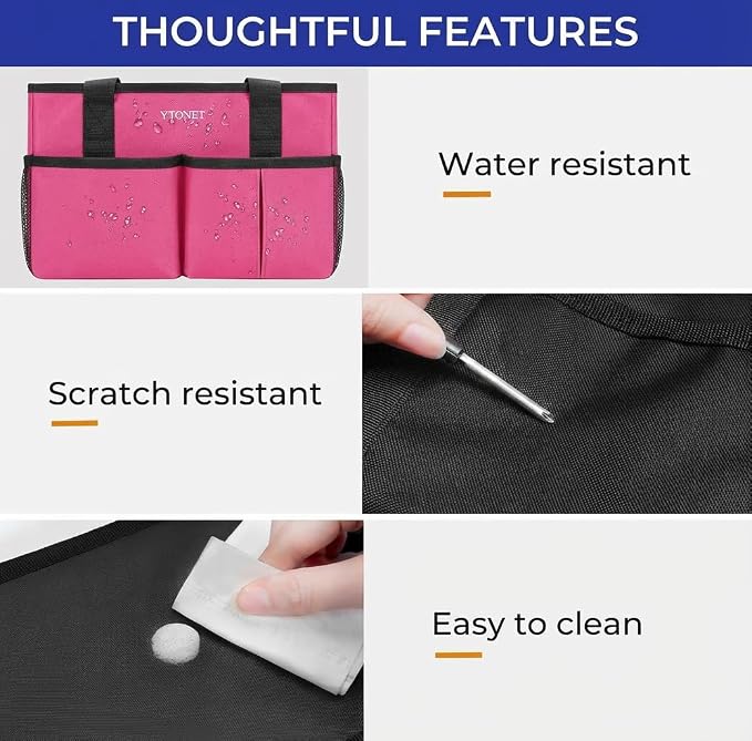 Ytonet Cleaning Caddy, Water Resistant Cleaning Supplies Organizer with Handle & Foldable Divider for Cleaners, Housekeeping Tote for Kitchen & Bathroom, Car Tool Caddy Organizer Bag, Rosered