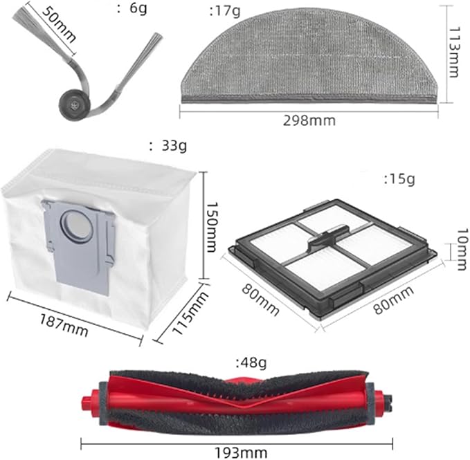 30Packs Accessories Kit Compatible with Roborock Q10V/Q10 PF/Q10 V+/ Q10 P+/Q10 VF/VF+/P/PF+ Robot Vacuum Cleaner, Include 2 Main Brush,6 Mop Clothes,6 Hepa Filters,6 Side Brush,8 Dust Bag,2 Tool