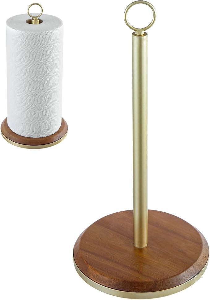 MyGift Premium Acacia Solid Wood Countertop Paper Towel Roll Dispenser Stand with Brass Tone Metal Spindle and Top Carrying Ring, Table Standing Holder for Disposable Kitchen Towels