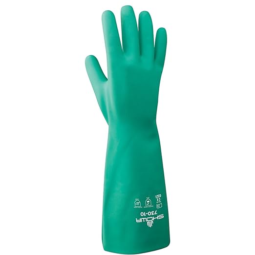 SHOWA 730 Chemical Resistant Gloves, 15-mil Nitrile with Cotton Flock Liner, 13-inch Extended Gauntlet, Bisque Grip, CE Cat III & Food Safe, Green, Medium, 12-Pack
