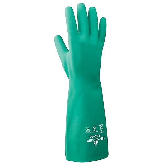 SHOWA 730 Chemical Resistant Gloves, 15-mil Nitrile with Cotton Flock Liner, 13-inch Extended Gauntlet, Bisque Grip, CE Cat III & Food Safe, Green, X-Large, 12-Pack