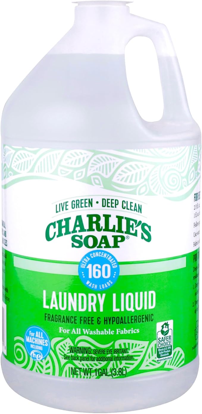 Charlie’s Soap – Fragrance-Free Laundry Liquid detergent – 160 Loads (128 oz, 1 Pack)