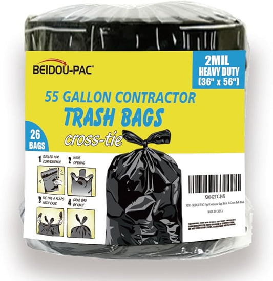 BEIDOU-PAC Contractor Heavy Duty Trash Bags 55 Gallon | 26 Count | 2 MIL | 36" X 56" | Large Black Flap Tie Construction Garbage Bags for Business Home Commercial, Industrial, Storage, Outdoor