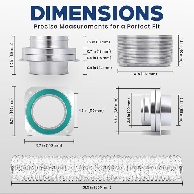 Magnetic Dryer Vent Connector Kit DV-180 – 4 Inch Quick-Connect Wall Adapter, 2.6 ft Aluminum Dryer Hose, Heat-Resistant Tape, Stainless-Steel Clamps – Space-Saving, Leak-Proof Venting System
