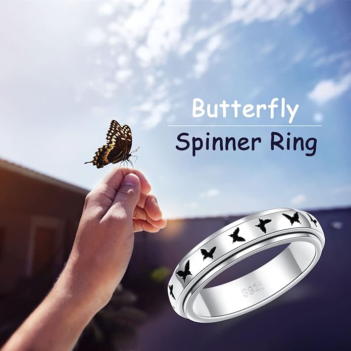 S925 Sterling Silver Spinner Fidget Anxiety Worry Relieving Boredom ADHD Autism Band Rings