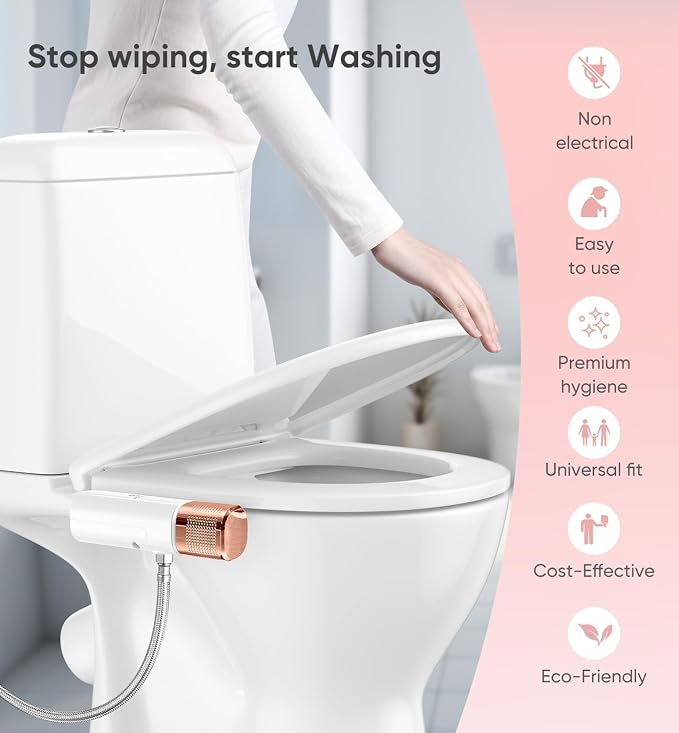Ultra-Slim Bidet Attachment, Posterior&Feminine Wash-(Retractable Dual Nozzles), Non-Electric Bidet Attachment for Toilet Seat, Adjustable Fresh Cold Water Pressure, Stainless Steel Inlet (Rose Gold)