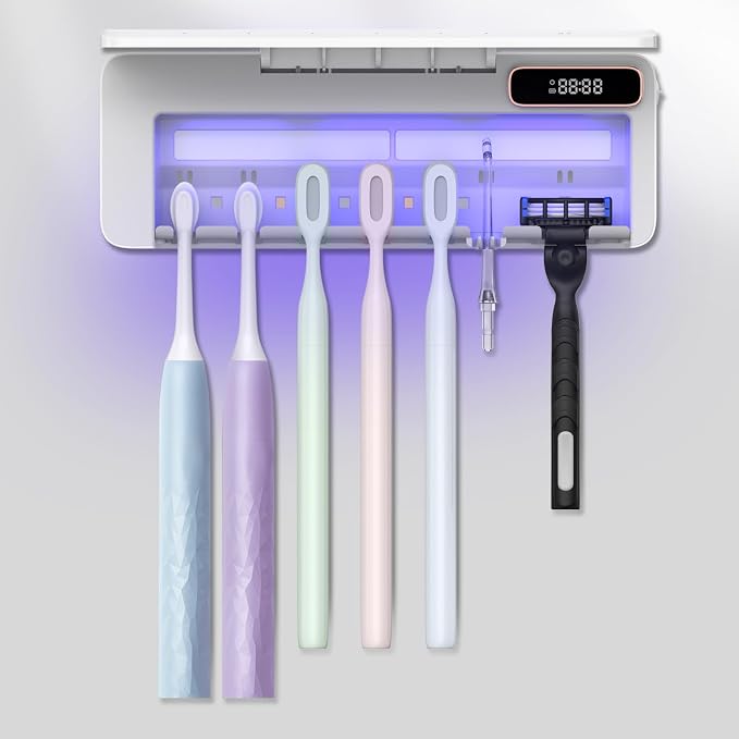 UV Toothbrush Cleaner Holder, Temracha Toothbrush Holders for Bathrooms, 5+1+1 Slots Tooth Brush Shaver Cleaner and Holder, Rechargeable Cordless Wall Mounted with Heating Functions, No Drilling