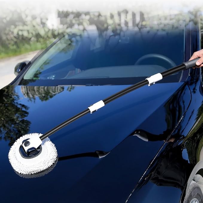 15° Curved Car Wash Brush with 43" Telescopic Handle – Microfiber Chenille Car Wash Mop for RV, SUV, Truck & Boat – Soft, Scratch-Free Extendable Cleaning Tool (White&Black)