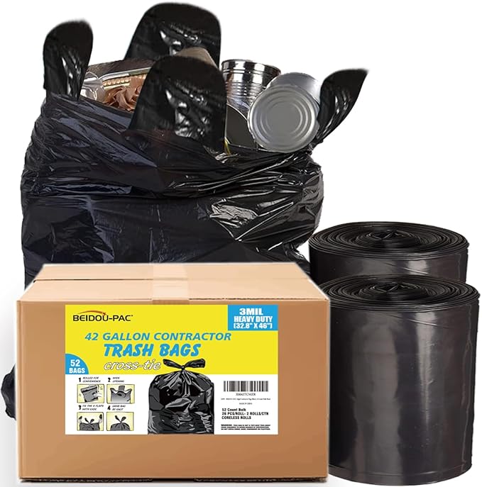 BEIDOU-PAC Contractor Heavy Duty Trash Bags 42 Gallon | 52 Count | 3 MIL | 32.8" X 46" | Large Black Flap Tie Construction Garbage Bags for Business Home Commercial, Industrial, Storage, Outdoor