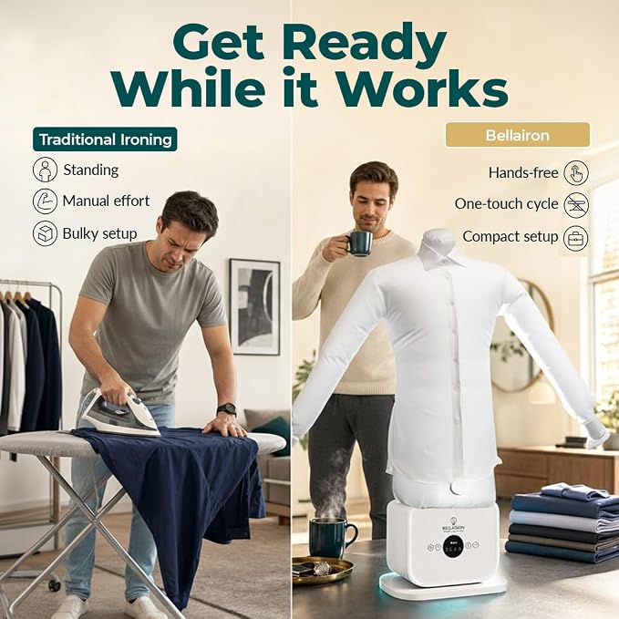 Bellairon - The Original Automatic Ironing Machine for Clothes. Hot Air Garment Dryer & Hands-Free Wrinkle Remover for Shirts & Pants | No Iron, No Ironing Board | Sizes S–3XL