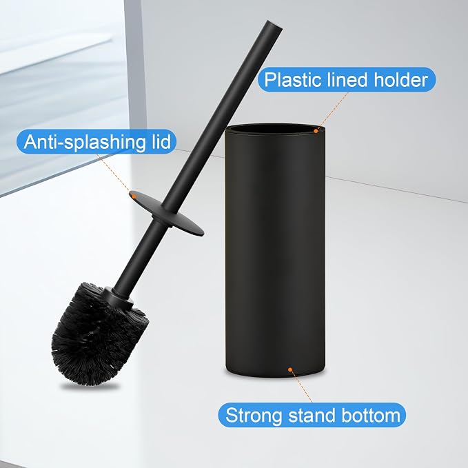 304 Stainless Steel Toilet Bowl Brush and Holder Set, Circular Floor Toilet Brush Holder, Long Handle, Bathroom Heavy-Duty Cleaner, High-End Cylinder Wall, 2 Brush Head (Black) YIGUANXIN