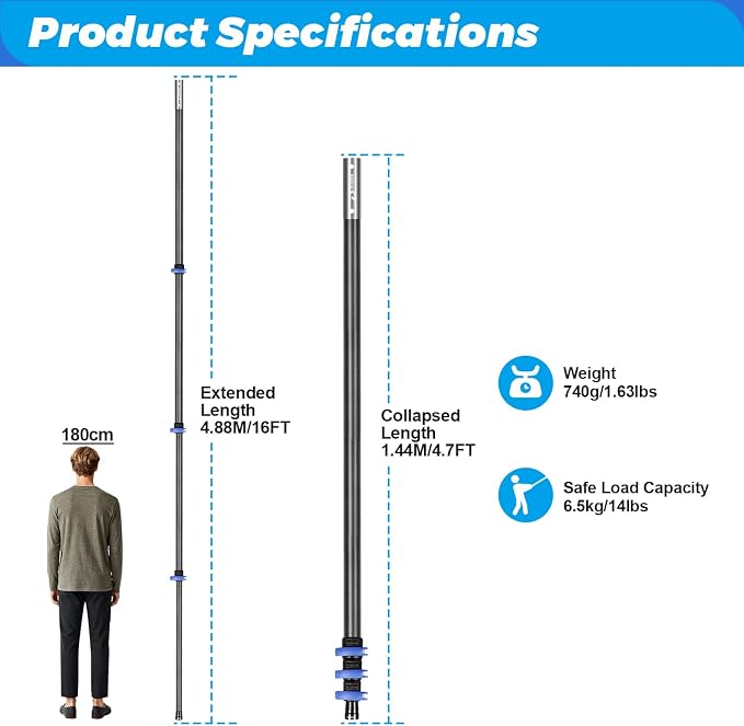 Carbon Fiber 16FT Adjustable Telescopic Pool Pole with Quick-Release Lock - Compatible with Skimmer Nets, Brushes & Vacuums