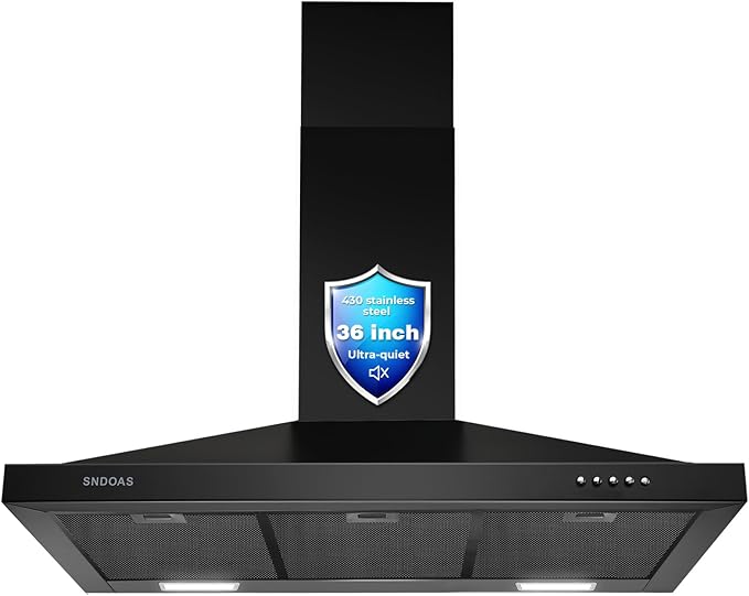 SNDOAS Black Range Hood 36 inches,Stainless Steel Wall Mount Range Hood Black,Kitchen Hood Vent with Ducted/Ductless Convertible,Hood Vents for Kitchen,Ductless Range Hood,Vent Hood 36 inch