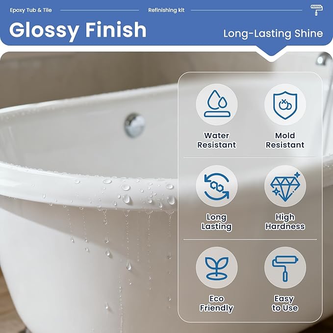 DWIL Tub and Tile Refinishing-2K Epoxy Tub Refinishing kit, Waterproof, Quick-Dry, Non-Yellowing Application for Bathtubs, Tiles, and Sinks etc. with Tools High Gloss White, 80-90sq.ft