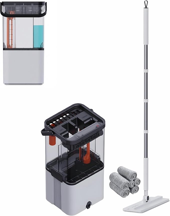 Self Cleaning No Dirt Flat Extendable Mop & Transparent Bucket System,Dual Chamber Design for Clean/Dirty Water Separation,Includes Microfiber Pads,Wet & Dry Floor Mop 360 (4 Refills)