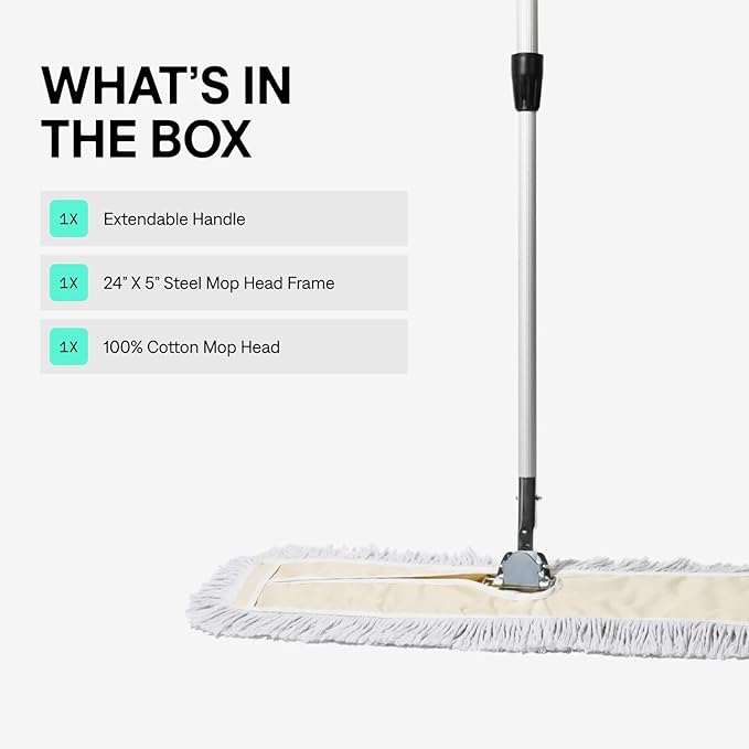 Commercial Dust Mop – 24 Inch Floor Sweeper for Hardwood, Reusable Cotton Mop Head, Extendable Handle, Dry Mop for Floor Cleaning & Janitorial Supplies