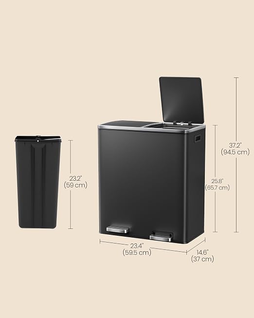 SONGMICS HOME Trash Can with 2 Compartments for Kitchen, Garbage Can with 15 Trash Bags, Black