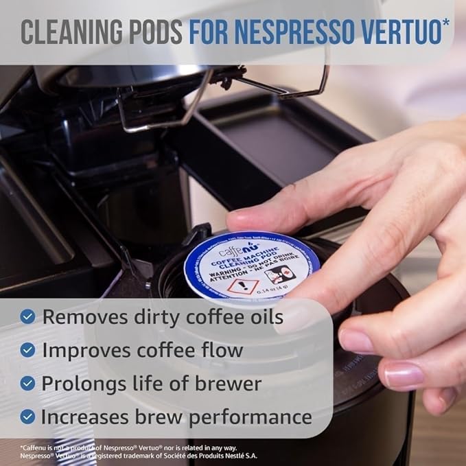 Nespresso Compatible Descaling and Cleaning Kit. 2 Bottles of Nespresso Vertuo Descaler Solution. 4 Cleaning Pods