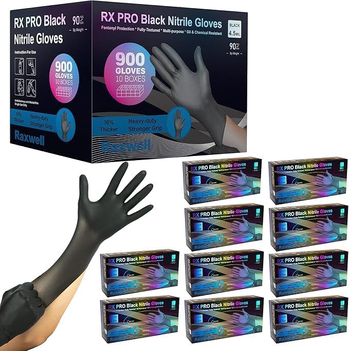 Raxwell Disposable Nitrile Gloves - Latex-Free & Powder-Free Protection - Food Safe Cooking & Prep - Black Gloves