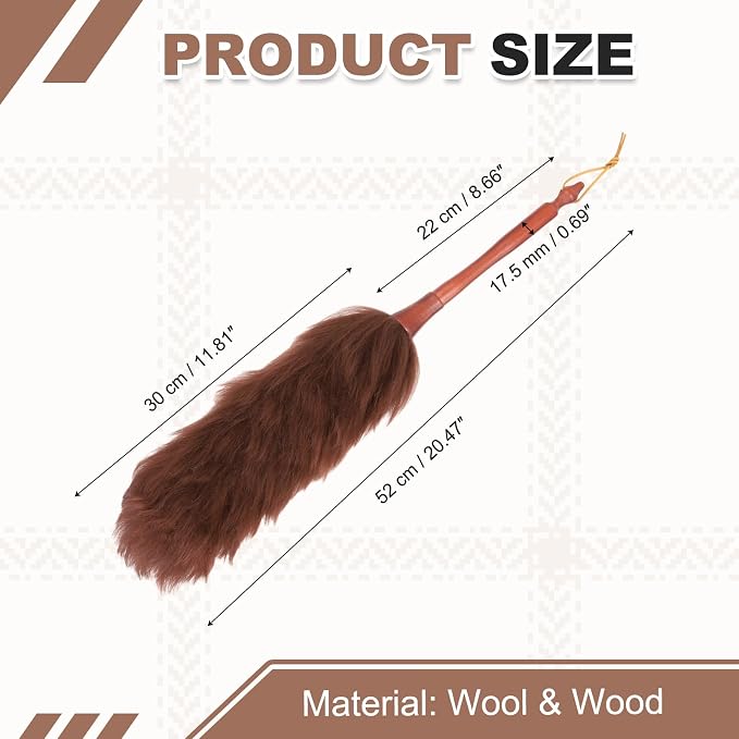 uxcell Wool Duster, 20.5" Natural Feather Cleaner Household Cleaning Duster with Solid Wooden Handle for Cleaning Fans Window Blinds Shelves Furniture, Coffee