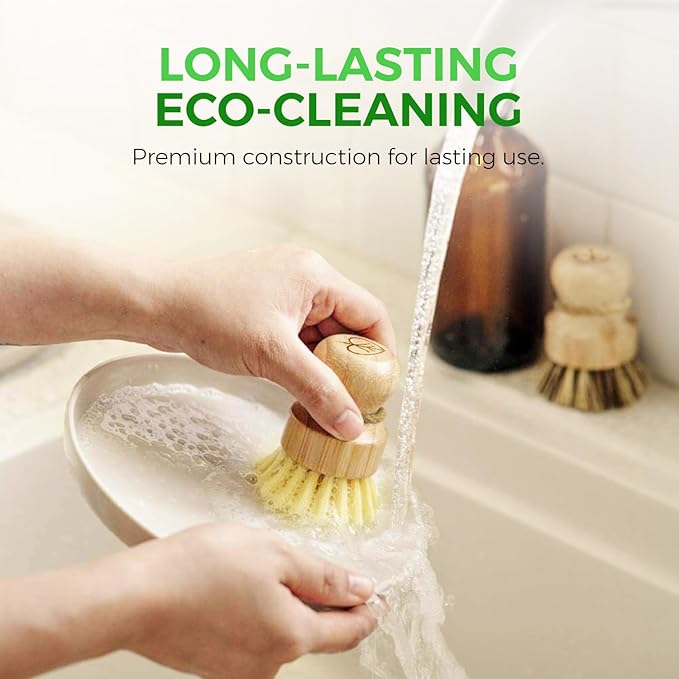 Bamboo Dish Brush Set of 3 and Scouring Pad Dish Washing Scrubbers Pack of 12 - Coconut Fiber Scrubbers with 100% Plant-Based Kitchen Dish Brush Bamboo with Sisal and Coconut Bristles, 2 Brush Types