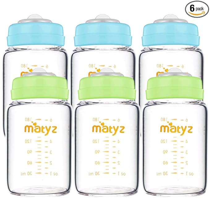 Matyz Glass Breastmilk Storage Bottles, 6 Pack, 6 oz, Sturdy Glass Bottle for Milk Freezing and Baby Feeding - Pumping Bottle for Philips Medela Spectra Breast Pumps - No BPA (3 Green & 3 Blue Lids)
