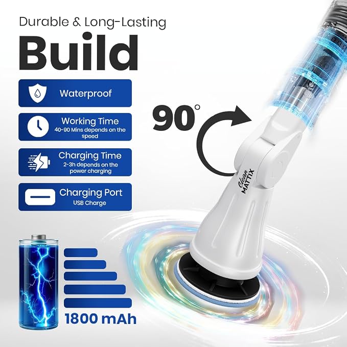 Electric Spin Scrubber – 8-in-1 Cordless Power Scrubber with 8 Brush Heads & Extendable Handle – Rechargeable Cleaning Brush for Bathroom, Shower, Tile, Grout, Tub & Floor