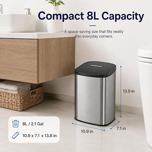 DZT-8-1 8L Stainless Steel Smart Trash Can with Motion Sensor | Touchless Auto-Open Lid | Compact Countertop Waste Bin for Bathroom, Kitchen & Office | Quiet Soft-Close | Battery Powered