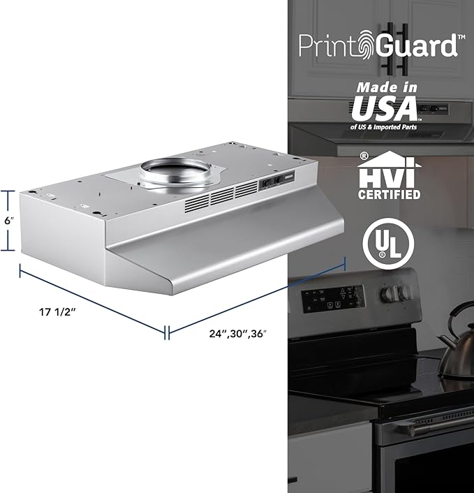 Broan-NuTone F4036SF 36-Inch Fingerprint Resistant Convertible Under-Cabinet Range Hood, 230 Max Blower CFM, 36", Stainless Finish with PrintGuard