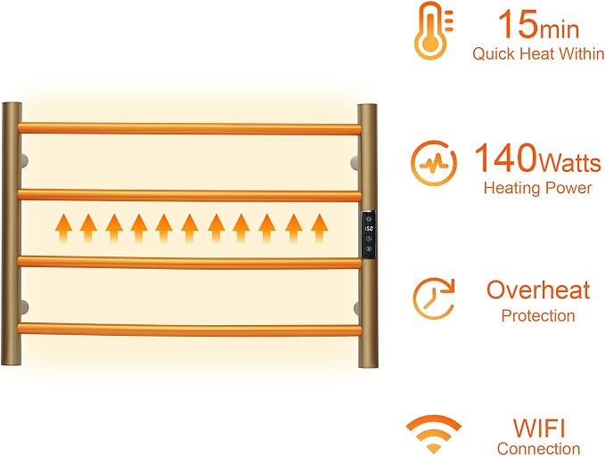 Electric Towel Rack with Voice Control for Alexa & Google Home,TUYA - Wall-Mounted Bathroom Heating Towel Warmer,Plug-in,Stainless Steel Material,16.54x23.62x5.51 in,Gold，4 Bars